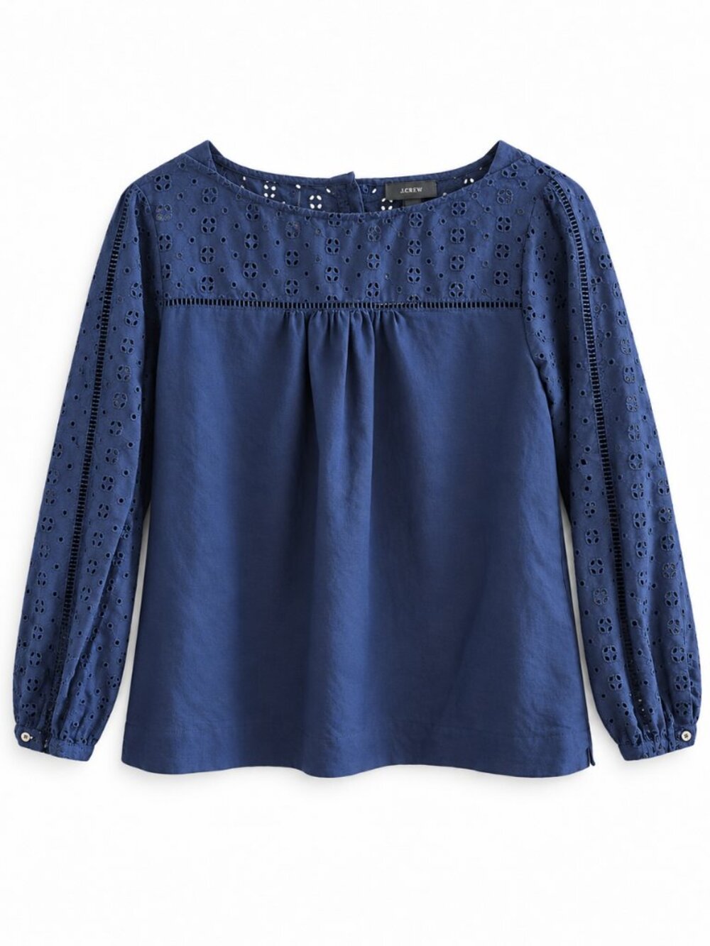 J.Crew Navy Blue Linen Cotton Blend Eyelet Long Sleeve Boat Neck Blouse (Size 6) - Picture 4 of 11